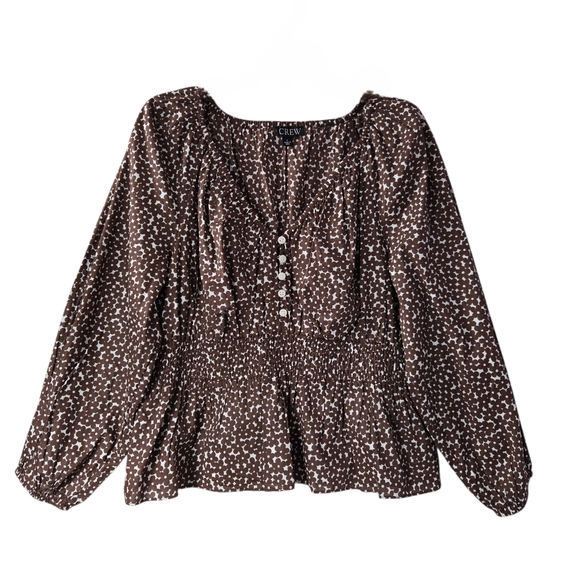 J.Crew V-Neck Smocked-Waist Top Mocha Brown Floral Size Large - Picture 2 of 12